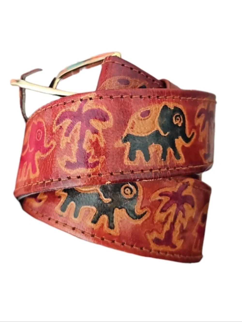 Elephant Print Genuine Leather Belt Small Boho Vintage India Artisan Unique Find